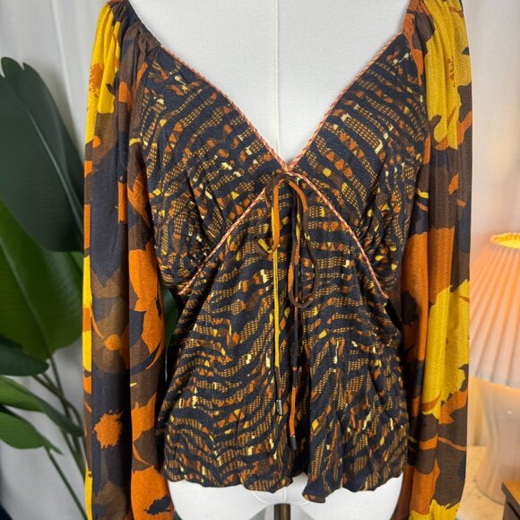 Anthropologie CONDITIONS APPLY Boho Statement Sleeves Smocked Blouse Large - Picture 4 of 9